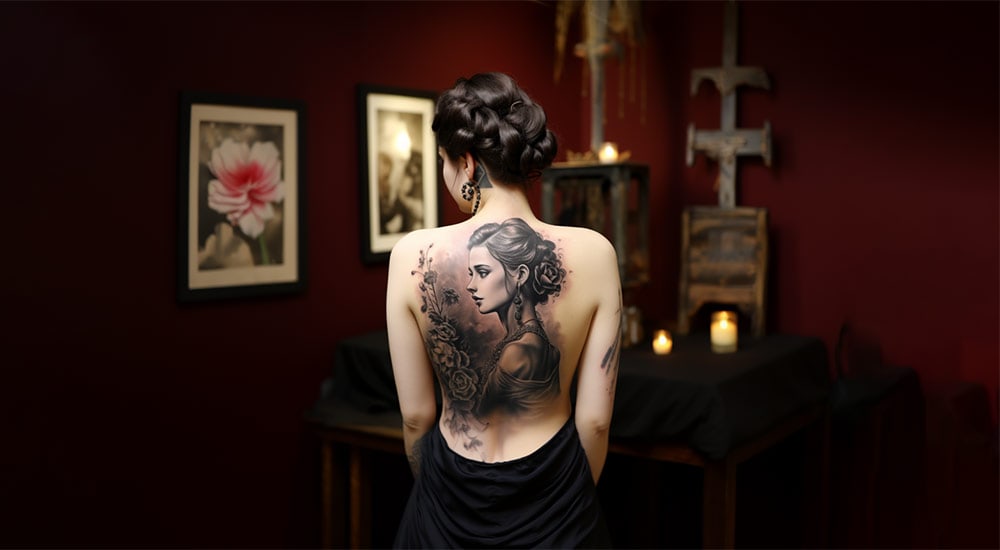 Womans back covered in beautiful portrait tattoo