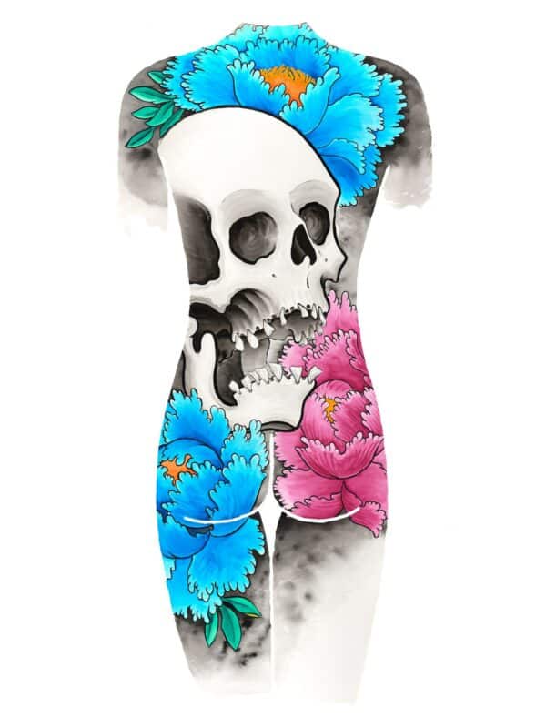 Painting of a skull and colourful blossums