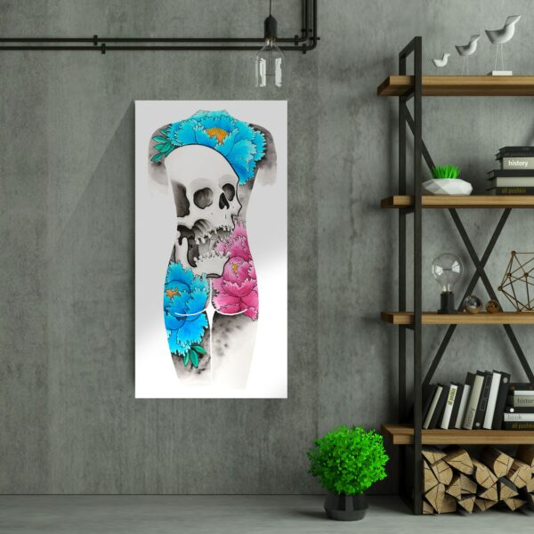 Skulls and blossoms print on a wall